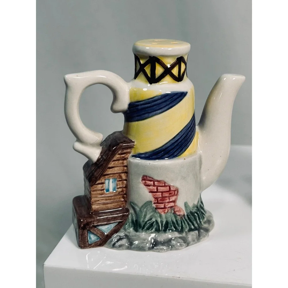 Fitz and Floyd Omnibus Lighthouse Teapot Salt and Pepper Shaker Set Vintage 1989